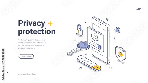 Smartphone displaying user authentication, a key, and security elements like locks and shields, digital security and access control. Modern isometric line art web banner, landing page template