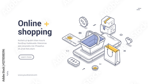 Online shopping modern isometric line art web banner template. Online ordering of food and parcel delivery. Shopping basket, a smartphone, payment icons, and delivered packages