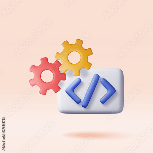 3d code icon and gear cogwheel isolated. Render computer software language symbol. Computer programming language. Web development code interface sign. Coding tag. Vector illustration