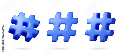 3d blue realistic hashtag symbol isolated on white. Render hash tag icon for social media. Chat message, communication, ad, search and online community. Blog and social network. Vector illustration