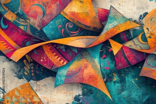 Wallpaper Mural A richly textured abstract artwork featuring overlapping kite designs with bold patterns, intricate details, and a vibrant mix of warm and cool tones Torontodigital.ca