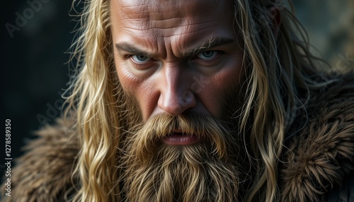 Fierce Bearded Viking Warrior Portrait Intense and Angry Expression