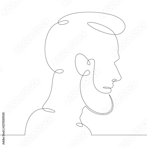 One continuous drawing line logo young man portrait profile head bust side view .Single hand drawn art line doodle outline isolated minimal illustration cartoon character flat