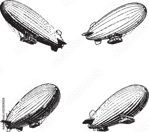 "Intricate Airship Illustrations - Black and White Dirigible Designs"