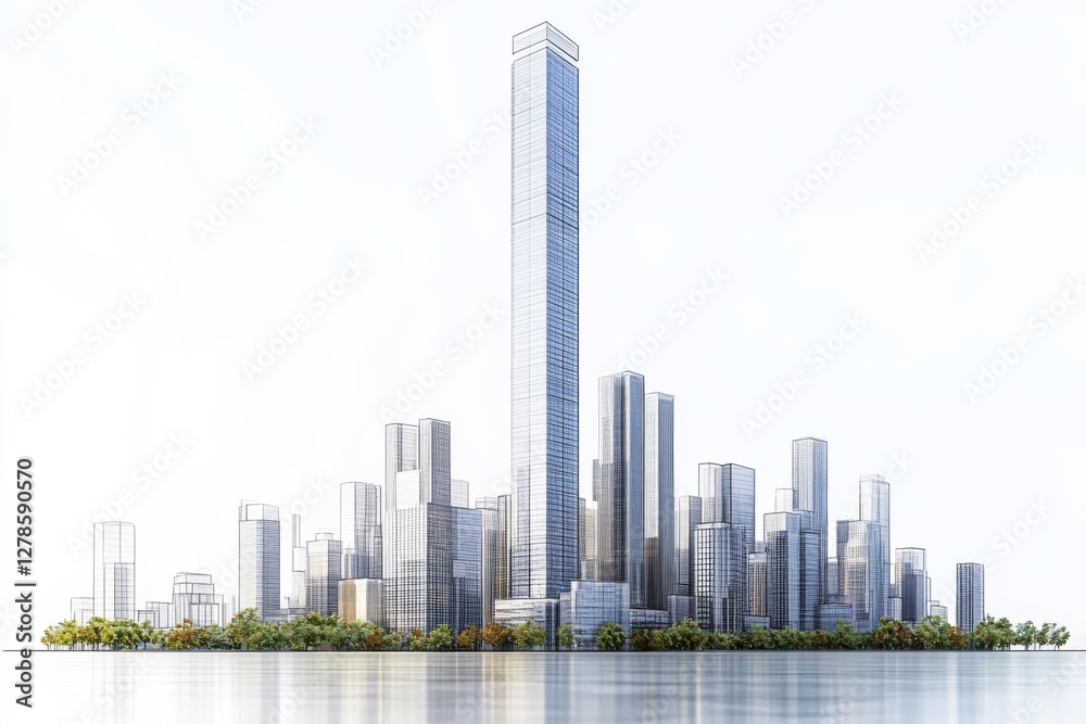 Fototapeta premium Modern Cityscape Skyline Architectural Design Drawing Illustration