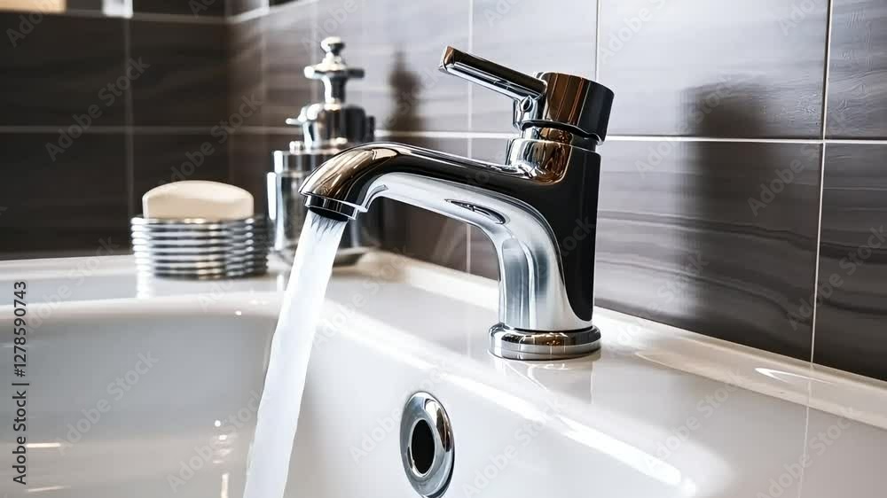 A modern bathroom sink with a sleek chrome faucet running fresh water, surrounded by elegant accessories and glossy tiles, creating a clean and contemporary interior design. A modern bathroom sink with a sleek chrome faucet running fresh water, surrounded by elegant accessories and glossy tiles, creating a clean and contemporary interior design.
