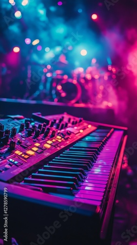 Vibrant Concert Stage with Set of Musical Instruments Focused on Keyboard at Night with Colorful Lighting and Atmospheric Mood