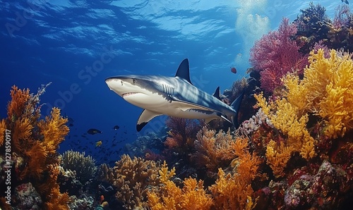 Wallpaper Mural White Shark Swims Amid Vibrant Coral Reef, Underwater Marine Wildlife in Blue Ocean, Nature Travel Adventure Torontodigital.ca