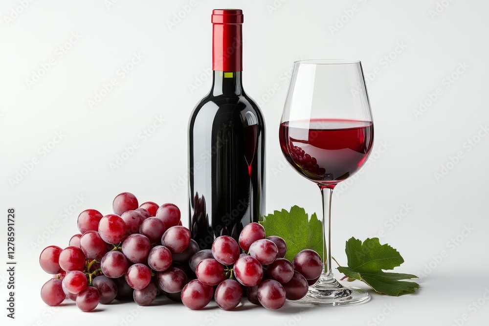 Red Wine Bottle Glass and Grapes Still Life Photography for Wine Industry Red Wine Bottle Glass and Grapes Still Life Photography for Wine Industry