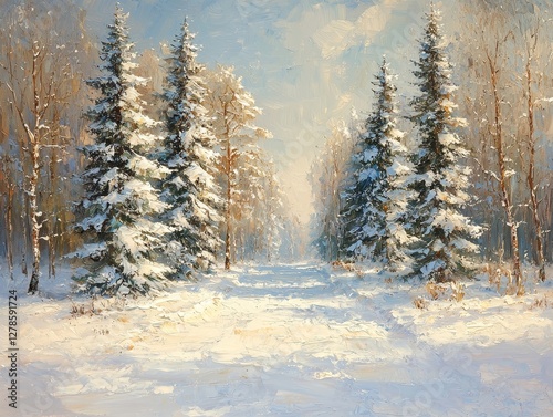 Winter landscape painting with snow-covered pines serene forest path art natural environment scenic view