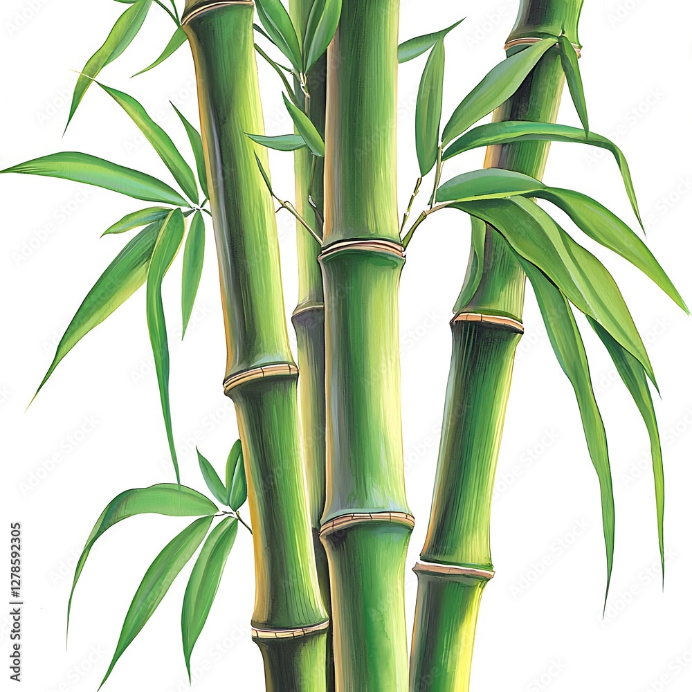 Fototapeta premium Lush Green Bamboo Stalks with Vibrant Leaves on White Background.