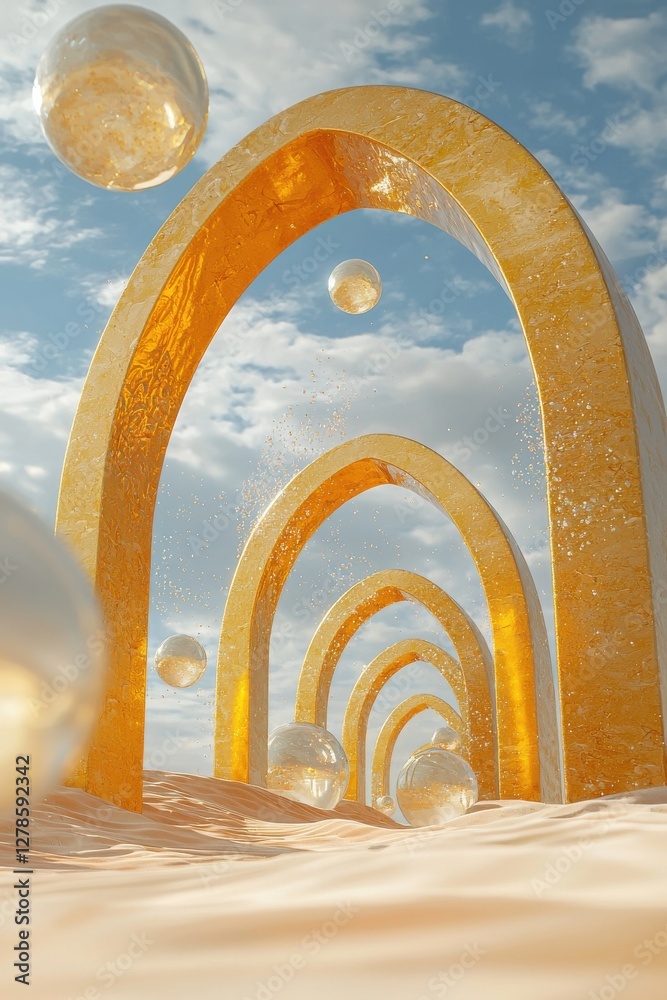 Obraz premium Golden arches and floating spheres in a dreamy desert setting