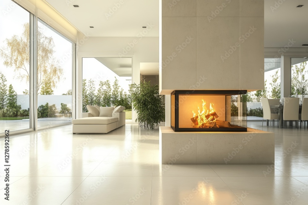 Obraz premium Modern Minimalist Living Room with Cozy Fireplace and Large Windows
