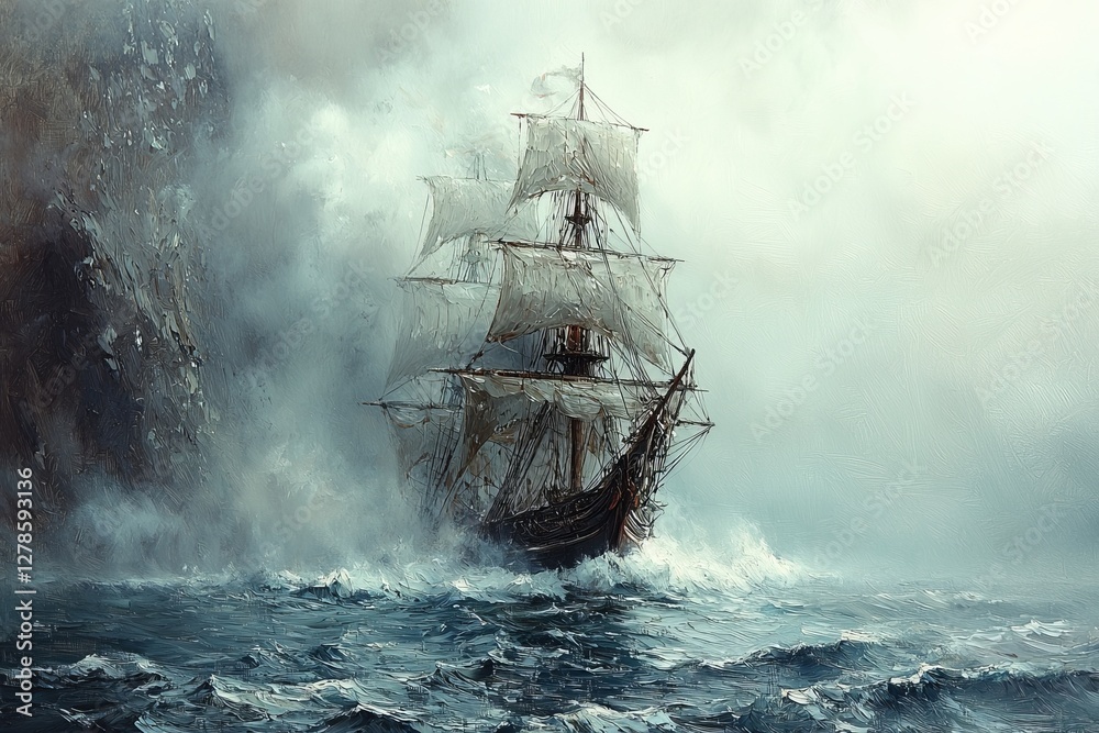 Stormy seas encountering a majestic ship coastal waters digital art dramatic environment dramatic viewpoint Stormy seas encountering a majestic ship coastal waters digital art dramatic environment dramatic viewpoint
