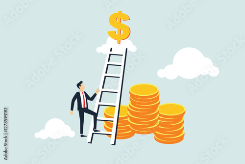 Money ladder to achieve financial independent goal, challenge to reach investment target or wealth planning strategy concept, businessman starting to climb up ladder to the top of money dollar sign