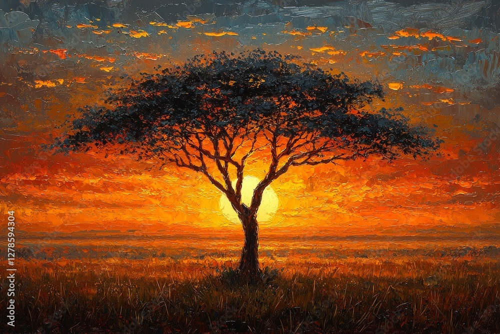 Sunset silhouette of a tree natural landscape painting vibrant atmosphere artistic perspective nature's beauty Sunset silhouette of a tree natural landscape painting vibrant atmosphere artistic perspective nature's beauty