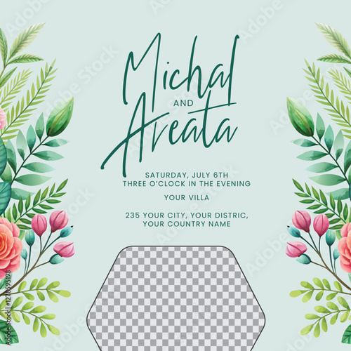 Floral funeral invitation template features a vintage floral frame encircling a circular photo placeholder on a grey background