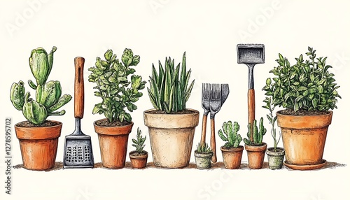 Row of potted plants & gardening tools