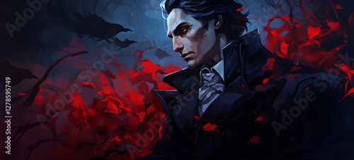 dracula and leaves, colorful patterns on a dark background, ai generative photo