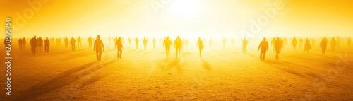 People walking in a desert under a bright sun
