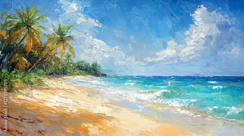 Relaxing beach scene tropical paradise oil painting vibrant colors coastal view serenity and nature