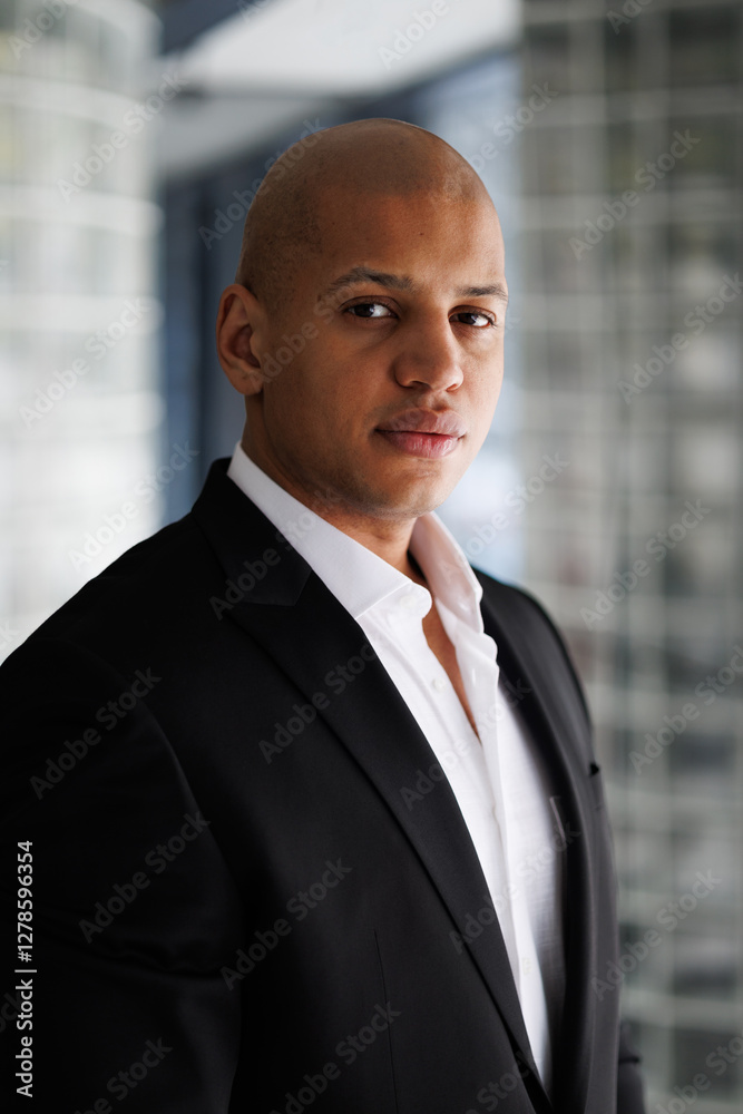Fototapeta premium Portrait of African american businessman looking at camera in hotel
