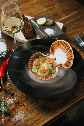 Baked scallops in a shell with a crunchy breadcrumb topping, garnished with microgreens. Exquisite seafood dish presented on a bed of salt, ideal for fine dining