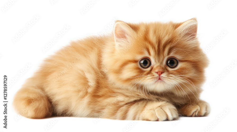 Adorable fluffy orange kitten lying on a white surface, looking curiously at the camera Adorable fluffy orange kitten lying on a white surface, looking curiously at the camera