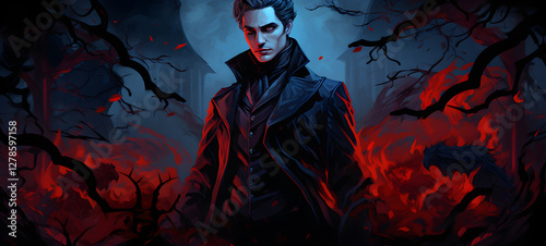 dracula and leaves, colorful patterns on a dark background, ai generative photo