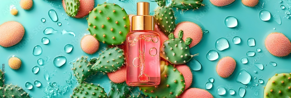 A delicate skincare ampoule filled with Prickly Pear extract, surrounded by fresh cactus pads with soft dewdrops, evoking a fresh and organic beauty concept.