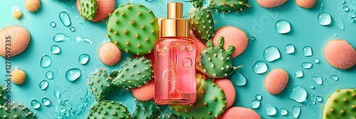 Obraz na płótnie A delicate skincare ampoule filled with Prickly Pear extract, surrounded by fresh cactus pads with soft dewdrops, evoking a fresh and organic beauty concept. w salonie