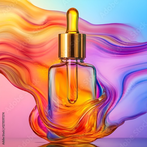 Obraz na płótnie A luxurious facial serum infused with Baobab oil extract, featuring golden liquid against a glowing soft-focus background, embodying high-end skincare branding. w salonie
