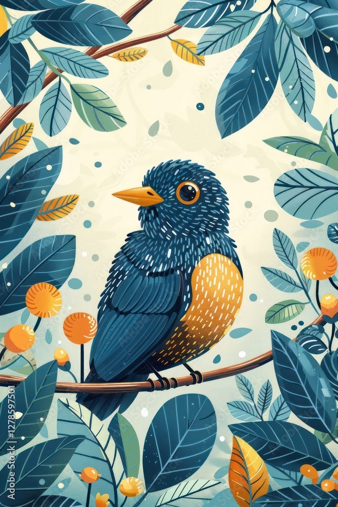 Fototapeta premium A vibrant illustration of a blue bird perched among colorful leaves and berries.