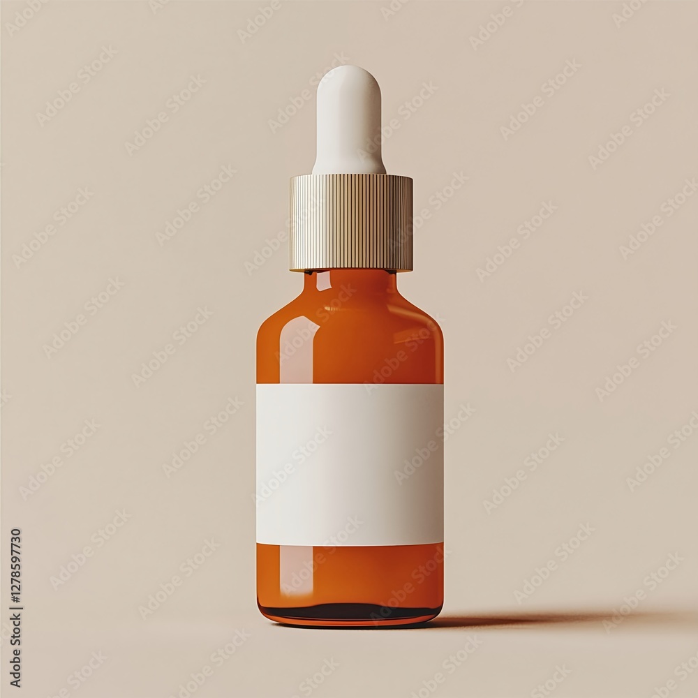 Fototapeta premium Elegant Amber Serum Bottle: Minimalist Product Shot, Neutral Background.