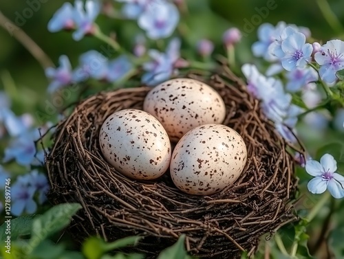 Bird eggs nest spring flowers