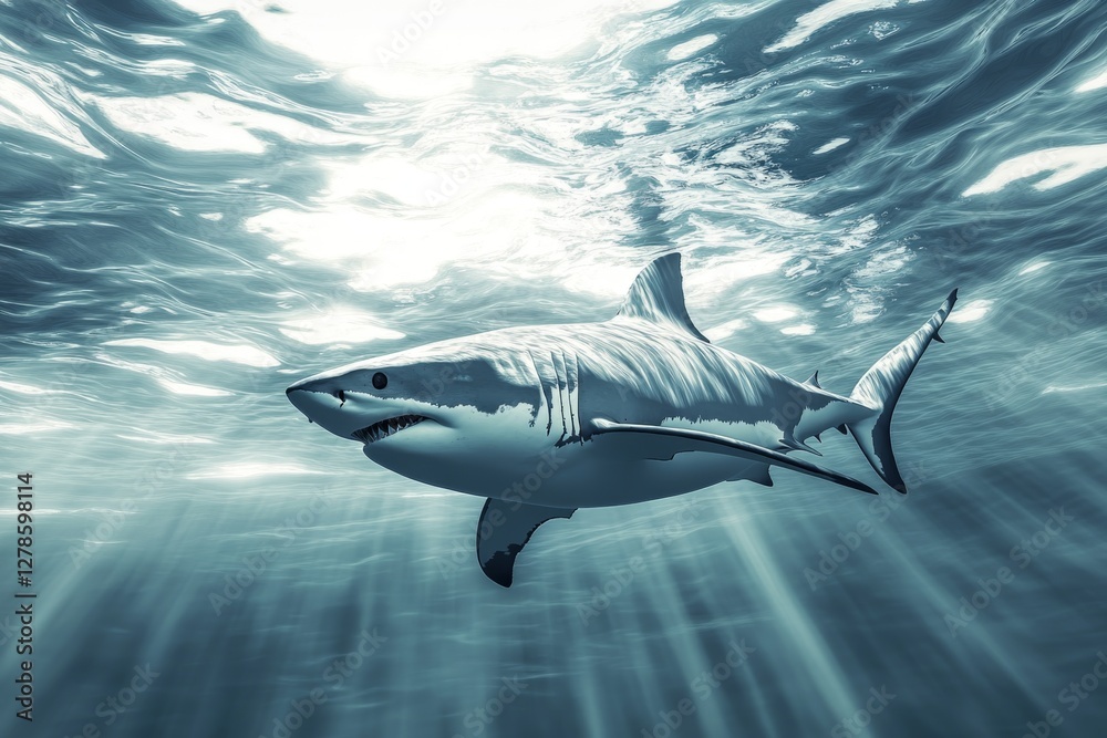 Naklejka premium Majestic Great White Shark Underwater Ocean Predator Sunlight Rays