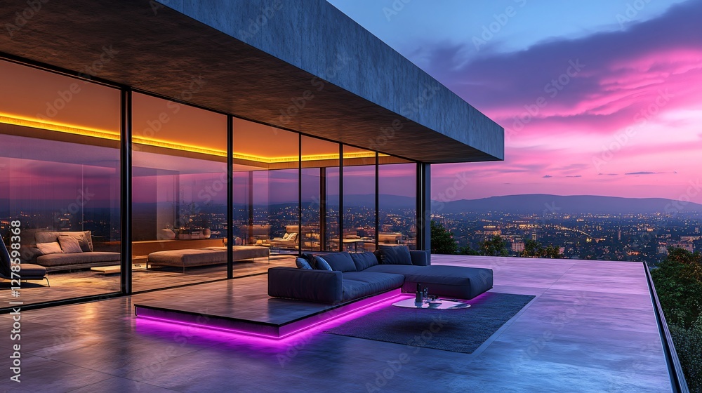 Obraz premium Modern architectural home with a stunning infinity pool overlooking a serene sunset landscape. 