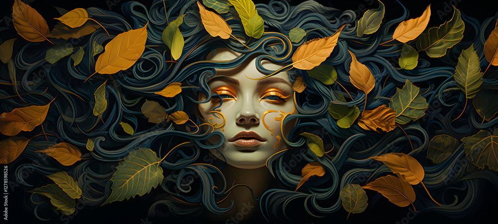 medusa and leaves, colorful patterns on a dark background medusa and leaves, colorful patterns on a dark background