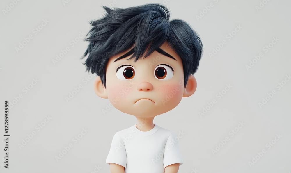 Sad Unhappy Upset Asian Boy in White Shirt - 3D Cartoon Character Expressing Human Emotion and Feelings on Light Background Sad Unhappy Upset Asian Boy in White Shirt - 3D Cartoon Character Expressing Human Emotion and Feelings on Light Background