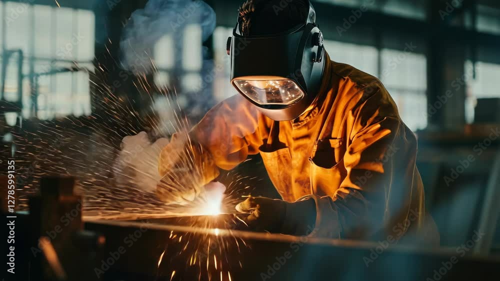 Welder performing metalwork in industrial workshop with sparks flying during daytime activity