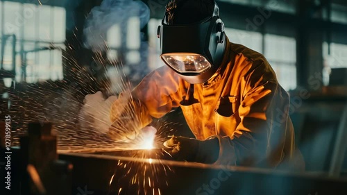 Welder performing metalwork in industrial workshop with sparks flying during daytime activity