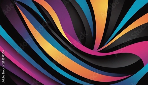 A dynamic abstract composition of swirling, ribbon-like bands in vibrant shades of blue, purple, orange, yellow, and pink against a dark background, creating a sense of movement and modern design