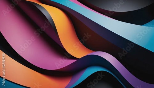 A close-up abstract composition of layered, undulating shapes in pink, orange, teal, and purple against a black background, creating a dynamic, modern design with a slightly textured, paper-like feel