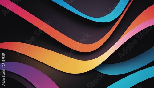 A close-up abstract composition of layered, curved shapes in pink, orange, yellow, teal, and purple against a black background, creating a dynamic and modern design
