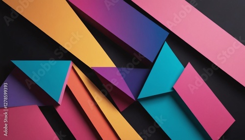 A vibrant abstract composition of overlapping rectangles and triangles in pink, purple, orange, yellow, and teal against a dark background, creating a modern, geometric design