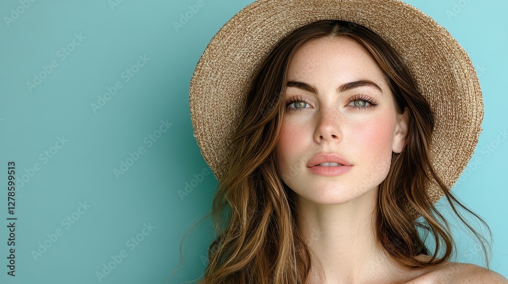 A young woman stands gracefully with a straw hat, exuding confidence. Her soft makeup highlights her features, complementing the vibrant turquoise backdrop A young woman stands gracefully with a straw hat, exuding confidence. Her soft makeup highlights her features, complementing the vibrant turquoise backdrop