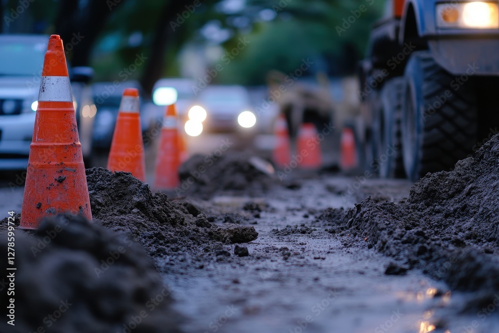 Naklejka premium Construction Zone with Traffic Cones and Muddy Road at Dusk