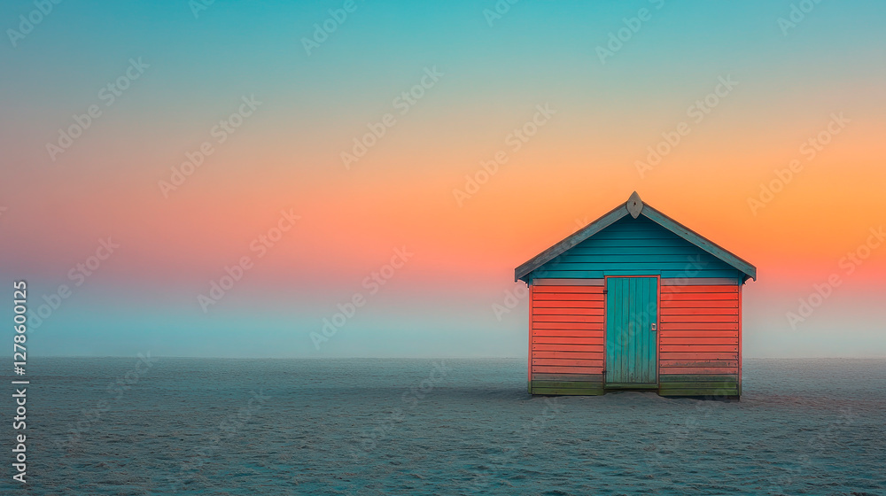 A small wooden hut on a sandy beach with a soft mist. A small wooden hut on a sandy beach with a soft mist.