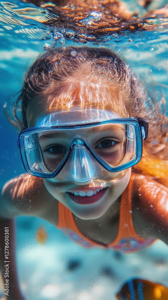 Fototapeta premium Joyful Young Girl Swimming Underwater in a Pool, Wearing Snorkel Gear and Splashing Around, Capturing the Essence of Summer Fun and Aquatic Adventure