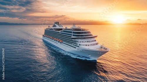 Majestic Cruise Ship Sailing at Sunset Over Calm Ocean Waters